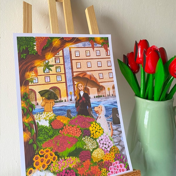 Flower Market Art Print, Woman with Cute Dog Illustration