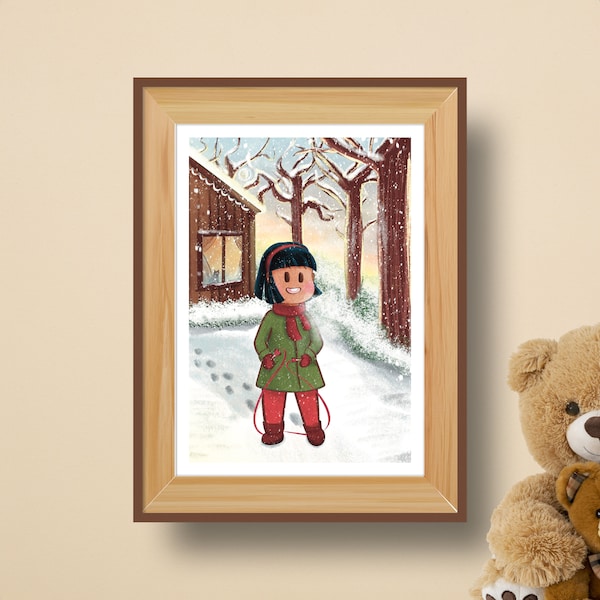 Charming Newborn Gift: Adorable Children's Room Decor - Whimsical Snow Day Art Print of Cute Girl Playing