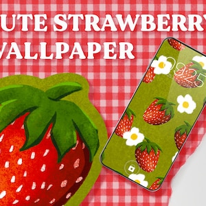 Sfondo carino con fragole / schermata di blocco estetica morbida disegnata a mano