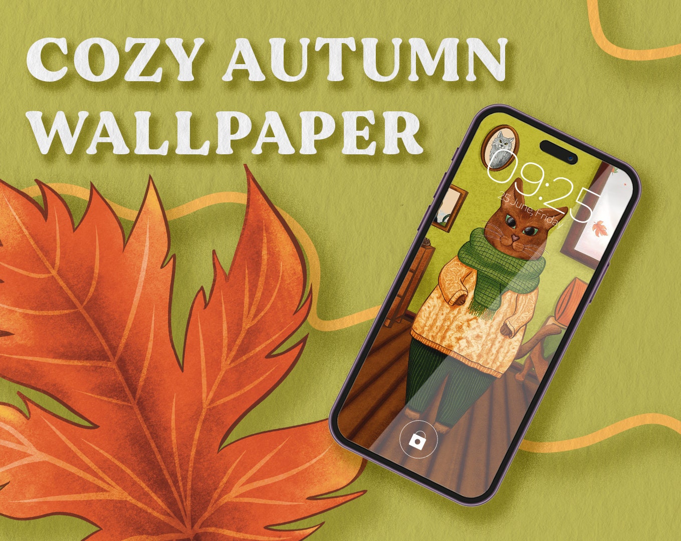Cozy Autumn Cat Wallpaper | Hand Drawn Fall Lockscreen - Etsy