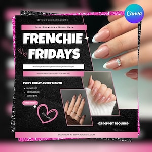 Puede incluir: Un gráfico promocional para servicios de manicura. El diseño presenta el texto "FRENCHIE FRIDAYS" en letras blancas grandes sobre un fondo negro, con imágenes de uñas manicuradas. El gráfico incluye el texto "APPOINTMENTS AVAILABLE FOR NAIL ART".