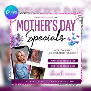 May include: A Mother's Day promotional graphic with a purple and pink color scheme. The text "Mother's Day Specials" is prominently displayed. The graphic includes images of women, butterflies, and floral elements. The graphic also includes the text "Secure your spot! Use code: MAMA for $50 off."