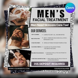 Op de afbeelding: Advertentie voor gezichtsbehandelingen voor mannen. De afbeelding toont drie foto's van mannen die gezichtsbehandelingen ondergaan. De tekst luidt "Gezichtsbehandeling voor mannen" en vermeldt diensten zoals dieptereiniging, milde exfoliatie, stoombehandeling, mee-eterverwijdering, ontspannende gezichtsmassage en hydratatie & zonbescherming.