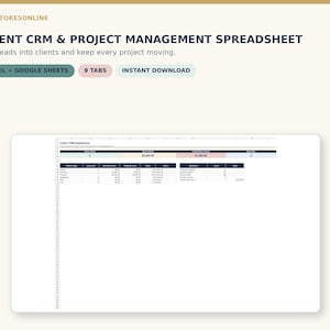 Pode incluir: Um modelo de planilha digital para gestão de clientes e projetos, compatível com Excel e Google Sheets. A interface apresenta um painel com nove abas, exibindo colunas de dados para etapas, contagem de leads e status de projetos.