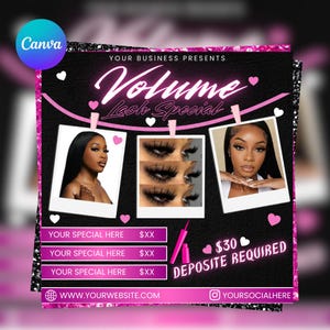 May include: A promotional graphic for a lash special, featuring the text "Volume Lash Special" in a stylized font. The design includes three photo-like images of women with long eyelashes, pink hearts, and the text "Deposit Required".