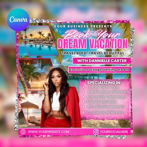May include: A promotional graphic with a tropical vacation theme. The text "Book Your Dream Vacation" is prominent, with additional text promoting travel packages. The image features a woman in a red suit, and tropical beach scenes. The graphic is framed in pink and silver.