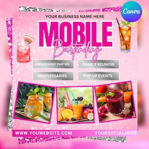 May include: Pink and silver promotional graphic for mobile bartending services. The design features the text "MOBILE Bartending" in large, pink letters, with images of cocktails and fruits. Includes text for event types: engagement parties, family reunions, anniversaries, and pop-up events.