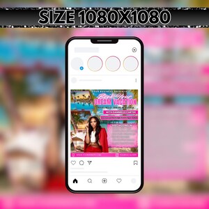 May include: A smartphone displays a social media post promoting a travel agency. The post features the text "Book Your Dream Vacation" with an image of a woman in a red suit. The post includes contact information and a website address.