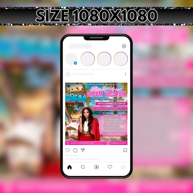 May include: A smartphone displays a social media post promoting a travel agency. The post features the text "Book Your Dream Vacation" with an image of a woman in a red suit. The post includes contact information and a website address.