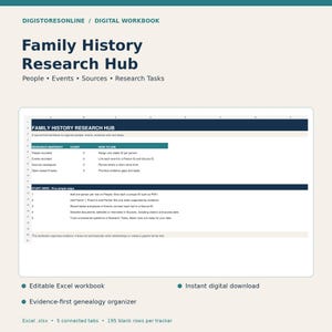May include: A digital workbook titled Family History Research Hub for organizing genealogy data. The interface includes sections for people, events, sources, and research tasks with instructions on how to use the spreadsheet for tracking evidence.