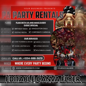 Op de afbeelding: Rode en zwarte flyer voor het huren van feesten met de tekst "PA Party Rentals". Omvat diensten zoals evenementenplanning, linnen en catering. Evenementtypen: verjaardagsfeest, afstudeergala en bedrijfsfestival. Inclusief telefoonnummer en website.