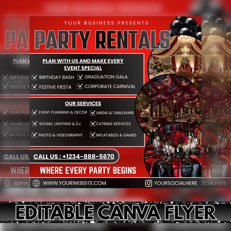 Op de afbeelding: Rode en zwarte flyer voor het huren van feesten met de tekst "PA Party Rentals". Omvat diensten zoals evenementenplanning, linnen en catering. Evenementtypen: verjaardagsfeest, afstudeergala en bedrijfsfestival. Inclusief telefoonnummer en website.