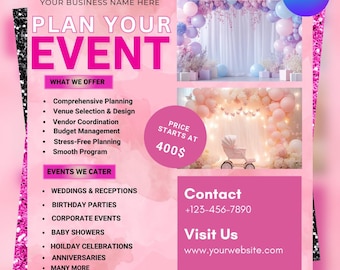 Evenementplannerflyer, canvassjabloon, bruiloftplannerflyer, doe-het-zelfsjabloon, bedrijfssjabloon voor evenementplanning, sjabloon voor sociale media
