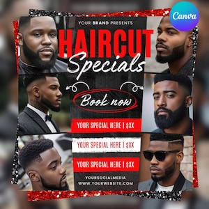 May include: A promotional graphic for a barbershop featuring images of men with various haircuts and facial hair styles. The text "HAIRCUT Specials" is prominently displayed, along with "Book now" and website information. The design incorporates red, black, and white elements.