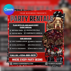 Op de afbeelding: Een rode en zwarte advertentie voor feestverhuur met de tekst "PARTY RENTALS". De advertentie vermeldt diensten zoals evenementenplanning, linnen, geluid en springkussens, samen met een telefoonnummer en website.