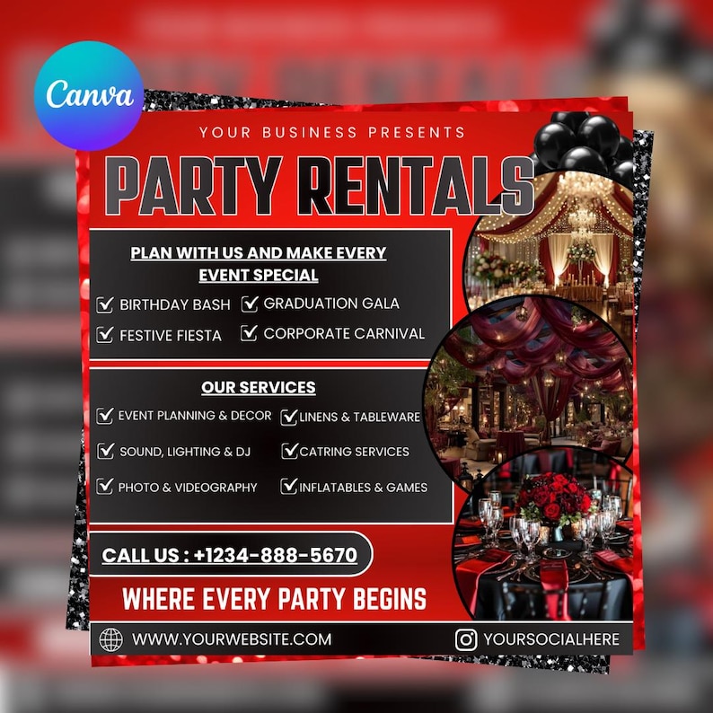 Op de afbeelding: Een rode en zwarte advertentie voor feestverhuur met de tekst "PARTY RENTALS". De advertentie vermeldt diensten zoals evenementenplanning, linnen, geluid en springkussens, samen met een telefoonnummer en website.