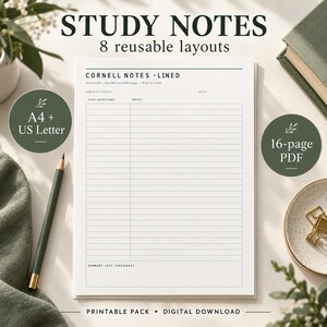 Pode incluir: Uma página de estudo Cornell imprimível com 8 layouts reutilizáveis, apresentando uma seção pautada para dicas, perguntas, notas e resumo. O documento inclui o texto STUDY NOTES, 8 reusable layouts, A4 + US Letter, 16-page PDF.