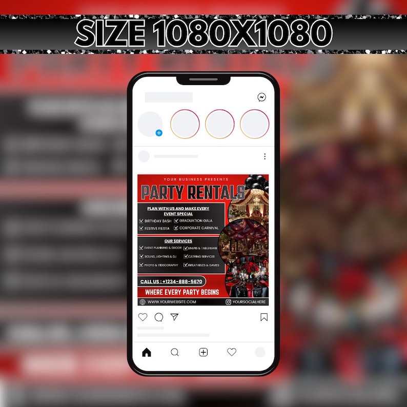 Op de afbeelding: Een smartphone toont een rood-zwarte advertentie voor "Party Rentals". De advertentie vermeldt diensten zoals evenementenplanning, catering en foto/video. De tekst bevat "Plan met ons en maak elk evenement speciaal" en een telefoonnummer.
