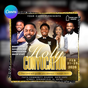 Op de afbeelding: Promotieflyer voor een kerk evenement, met lachende mensen. De tekst "Holy Convocation" is goudkleurig, met de data 21-25 februari 2026. De flyer bevat ook de naam en het adres van de kerk.