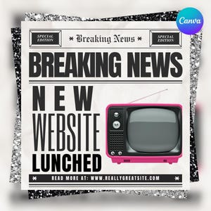 May include: A newspaper-style graphic with the headline "BREAKING NEWS" and the text "NEW WEBSITE LUNCHED." A pink retro television is featured. The website address is displayed at the bottom. The background has a glittery effect.