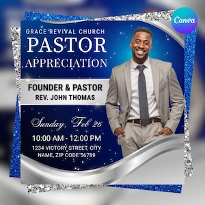 May include: A blue and silver flyer for a Pastor Appreciation event. The flyer includes the text "GRACE 'REVIVAL CHURCH PASTOR APPRECIATION" and "FOUNDER & PASTOR REV. JOHN THOMAS". A smiling man in a suit is featured.