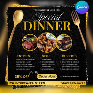 Puede incluir: Un menú de restaurante negro y dorado con las palabras "Special Dinner" en dorado. El menú presenta entrantes, guarniciones y postres, con imágenes de cada plato. Una cuchara y un tenedor dorados enmarcan el menú.