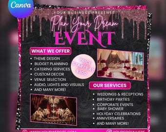 Evenementplannerflyer, canvassjabloon, bruiloftplannerflyer, doe-het-zelfsjabloon, bedrijfssjabloon voor evenementplanning, sjabloon voor sociale media