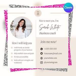 May include: A business card design with a photo of a woman, Sarah White, who is a business coach. The card includes contact information and a list of services. The design has a pink and silver glitter border and the Canva logo.