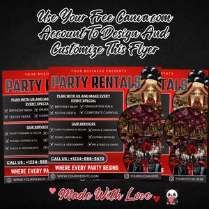 Op de afbeelding: Een flyer voor feestverhuur met een rood en zwart ontwerp. De flyer bevat tekst zoals "Party Rentals", "Evenement Special" en "Onze Services". De flyer bevat ook een telefoonnummer en een websiteadres.