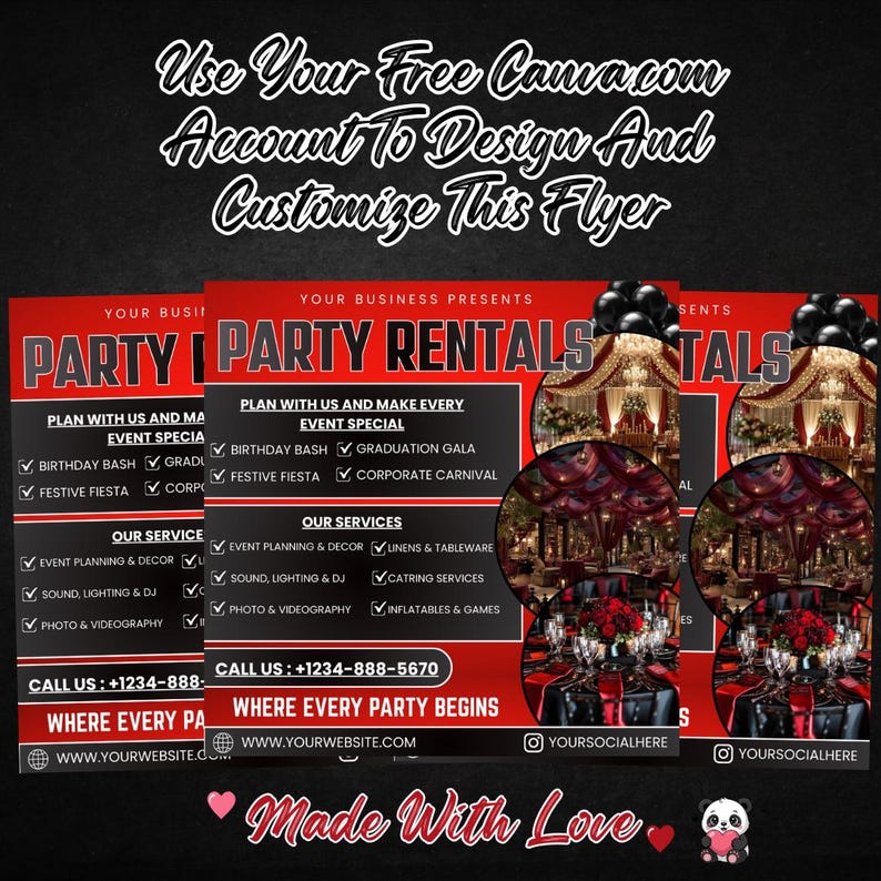 Op de afbeelding: Een flyer voor feestverhuur met een rood en zwart ontwerp. De flyer bevat tekst zoals "Party Rentals", "Evenement Special" en "Onze Services". De flyer bevat ook een telefoonnummer en een websiteadres.