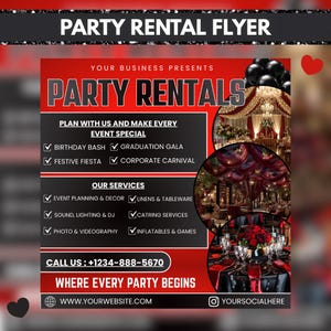 Op de afbeelding: Een rode en zwarte flyer voor het huren van feesten met de tekst "PARTY RENTAL FLYER" bovenaan. De flyer vermeldt diensten zoals evenementenplanning, linnen en catering. Het bevat ook een telefoonnummer en een websiteadres.