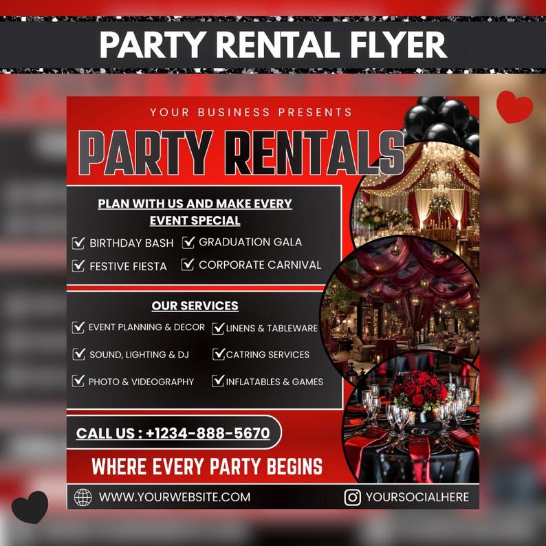 Op de afbeelding: Een rode en zwarte flyer voor het huren van feesten met de tekst "PARTY RENTAL FLYER" bovenaan. De flyer vermeldt diensten zoals evenementenplanning, linnen en catering. Het bevat ook een telefoonnummer en een websiteadres.