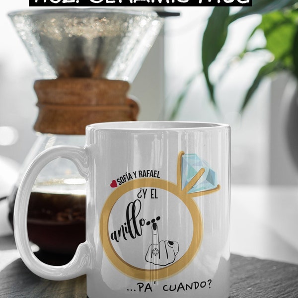 Regalo de compromiso para novia, taza de compromiso divertida, regalo día de San Valentín, regalo personalizado, Taza del anillo para cuándo