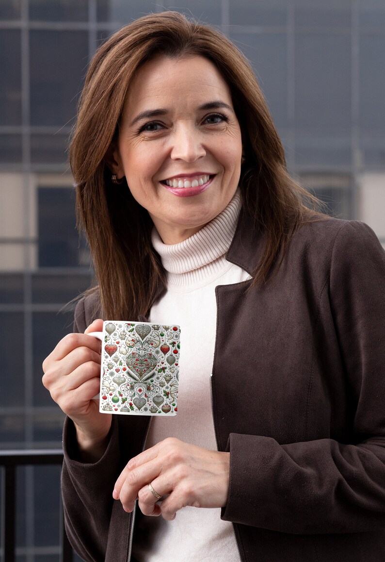 A woman outdoors, smiling broadly with the Pet Lover mug in hand, reflecting a moment of joy with her favorite animal companions in mind.