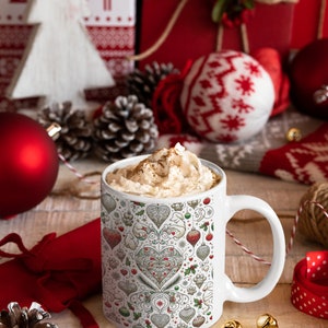 A woman in a festive mood, holding the Pet Lover mug with a Christmas tree in the background, celebrating the holiday season with a pet-loving spirit.