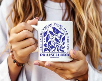 Boho Aesthetic Ceramic Mug, Christian Scripture Coffee Cup, Psalm 150:6, Gift for Bible Lover, Religious Tea Mug, Inspirational Kitchen