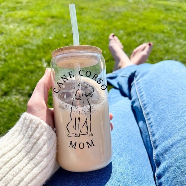 Glass can cup with bamboo lid and straw, Cane Corso Mom cup, Mom gift, Iced Coffee cup, Iced Tea cup, Cane Corso dog, Iced Matcha glass.