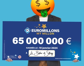 Euromillons: Fake giant personalized millionaire check, 40x80CM, prank and trick, humor