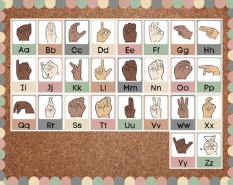 以下が含まれることがあります： 手話のアルファベットが描かれたコルクボード。各文字は手のジェスチャーで表現され、対応する文字が下に印刷されています。ボードはパステルカラーの装飾的なボーダーで囲まれています。