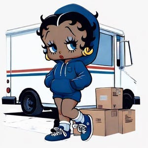 May include: Cartoon illustration of a woman in a blue hoodie, shorts, and trainers, standing next to a delivery van and cardboard boxes. The woman has dark skin, blue eyes, and gold hoop earrings. The van is white with red and blue stripes.