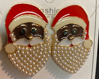 Christmas Black Santa Stud Pearly Stone Earrings