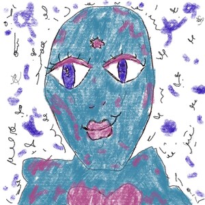 May include: A blue and pink cartoon face with large eyes and a pink mouth. The face is surrounded by purple scribbles on a white background.