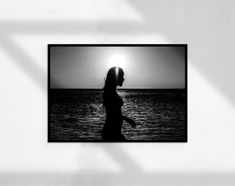 Sunset Girl ( Feminist Poster, Black and White Photography, Luxury Fashion Wall Art, Girls Bedroom Decor, Digital Download )