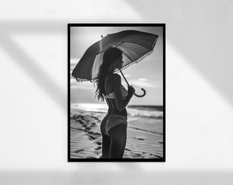 J'adore la plage (photographie vintage en noir et blanc, affiche féministe, art mural imprimable, décoration de chambre à coucher romantique, cadeaux pour la Saint-Valentin)