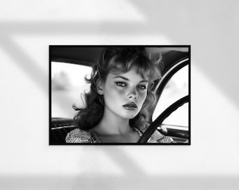 Vogue Drives vintage (affiche de voiture, impression vintage, photographie noir et blanc, photographie de mode, impression féministe, téléchargement numérique)