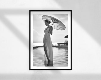 Lotus Lagoon (noir et blanc, photographie vintage, affiche féministe, art mural imprimable, affiche rétro au bord de la piscine, décoration de chambre)