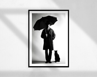 Charme du chat noir (Noir et Blanc, Photographie de mode, Impression d’art mural de mode, Art mural, Art mural vintage, Affiche animale)