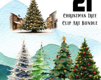 Watercolor Christmas Tree Clipart: Festive Winter PNG Bundle (Digital Download)
