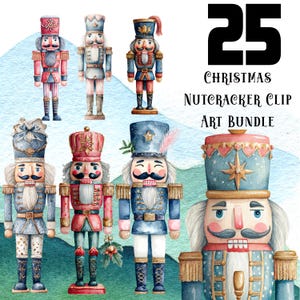 Puede incluir: Ilustración en acuarela de un paquete de arte de cascanueces navideños. La imagen presenta siete figuras de cascanueces detalladas en varios colores, incluyendo rojo, azul y dorado. El texto "25 Christmas Nutcracker Clip Art Bundle" se muestra en negro.