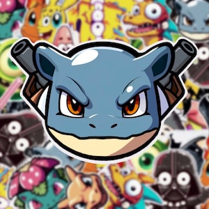 May include: A blue cartoon character with a menacing expression, wearing a white bandana and holding two guns. The character has a large, flat nose and a wide mouth. The background is a collage of colourful cartoon characters.